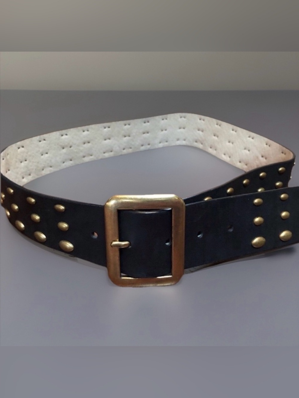 NINE WEST BoHo CHIC Black Brass Tone Studded LEATHER Layering Belt SM